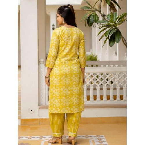 ANNI DESIGNER Women's Rayon Blend Straight Printed Kurta with Patiala & Dupatta (SAHIMA Yellow_M_Yellow_Medium)