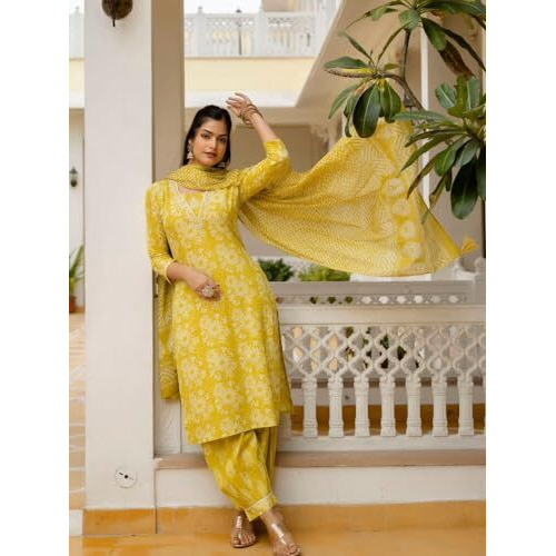 ANNI DESIGNER Women's Rayon Blend Straight Printed Kurta with Patiala & Dupatta (SAHIMA Yellow_M_Yellow_Medium)
