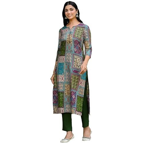 ANNI DESIGNER Women's Rayon Blend Straight Printed Kurta with Pant (NIMMI Green_XXL_Green_XX-Large)