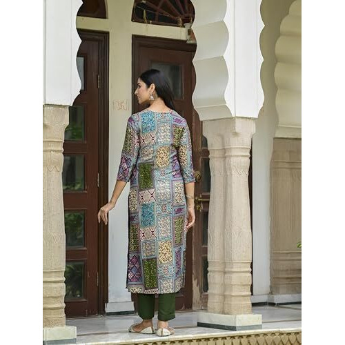 ANNI DESIGNER Women's Rayon Blend Straight Printed Kurta with Pant (NIMMI Green_XXL_Green_XX-Large)