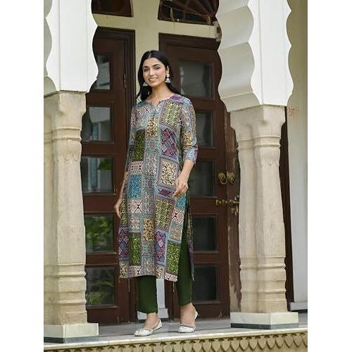 ANNI DESIGNER Women's Rayon Blend Straight Printed Kurta with Pant (NIMMI Green_XXL_Green_XX-Large)