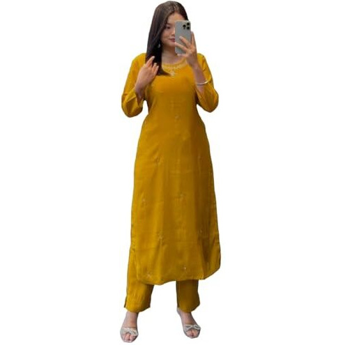 ANNI DESIGNER Women's Rayon Blend Straight Embroidered Kurta with Pant (Bloom Yellow_S_Yellow_Small)
