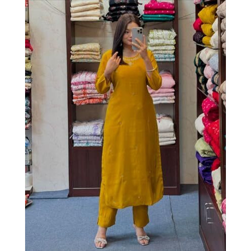 ANNI DESIGNER Women's Rayon Blend Straight Embroidered Kurta with Pant (Bloom Yellow_S_Yellow_Small)