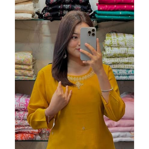 ANNI DESIGNER Women's Rayon Blend Straight Embroidered Kurta with Pant (Bloom Yellow_S_Yellow_Small)