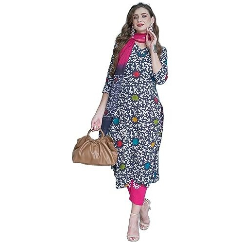ANNI DESIGNER Women's Cotton Blend Straight Printed Kurta with Pant & Dupatta (Tingu Blue_S_Blue_Small)