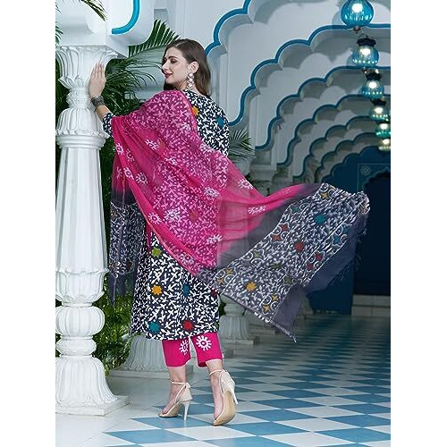 ANNI DESIGNER Women's Cotton Blend Straight Printed Kurta with Pant & Dupatta (Tingu Blue_S_Blue_Small)