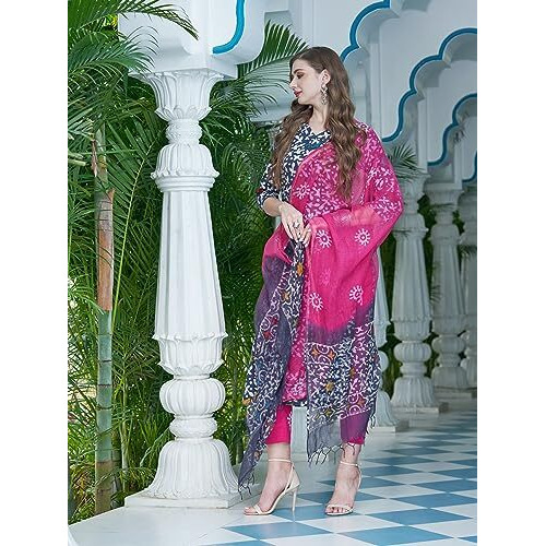 ANNI DESIGNER Women's Cotton Blend Straight Printed Kurta with Pant & Dupatta (Tingu Blue_S_Blue_Small)