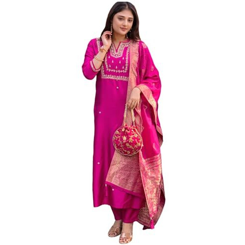 ANNI DESIGNER Women's Silk Blend Straight Embroidered Kurta with Pant & Dupatta (MANUSHI Pink-VKS05_3XL_Pink_XXX-Large)