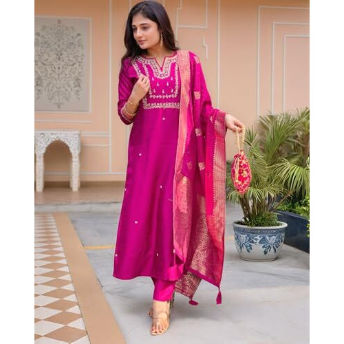 ANNI DESIGNER Women's Silk Blend Straight Embroidered Kurta with Pant & Dupatta (MANUSHI Pink-VKS05_3XL_Pink_XXX-Large)