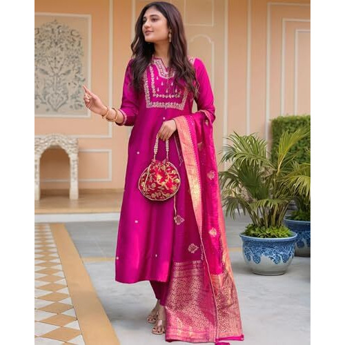 ANNI DESIGNER Women's Silk Blend Straight Embroidered Kurta with Pant & Dupatta (MANUSHI Pink-VKS05_3XL_Pink_XXX-Large)