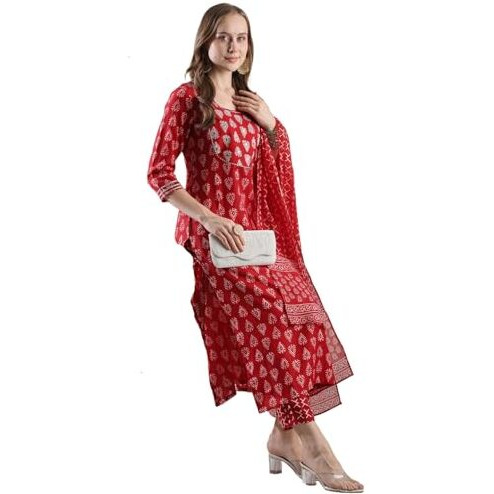 ANNI DESIGNER Women's Rayon Blend Printed Straight Kurta with Pant & Dupatta (MAU RED-VKS02_L_Red_Large)