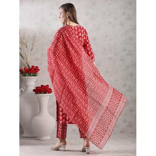 ANNI DESIGNER Women's Rayon Blend Printed Straight Kurta with Pant & Dupatta (MAU RED-VKS02_L_Red_Large)