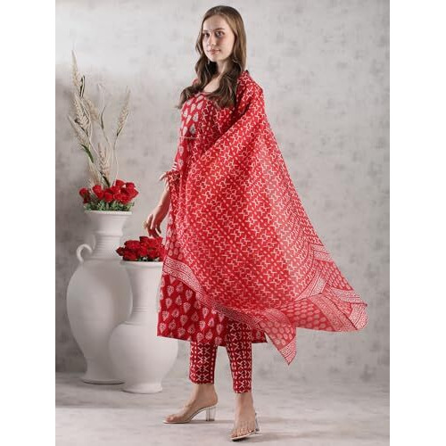 ANNI DESIGNER Women's Rayon Blend Printed Straight Kurta with Pant & Dupatta (MAU RED-VKS02_L_Red_Large)