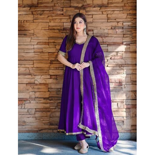 ANNI DESIGNER Women's Rayon Blend Anarkali Solid Kurta with Pant & Dupatta (Shyam BEGANI-VKS01_XL_Begani_X-Large)
