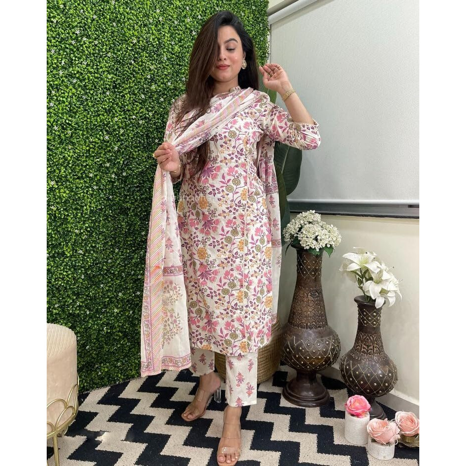 ANNI DESIGNER Women's Rayon Blend Straight Printed Kurta with Pant & Dupatta (Fuldani Pink_S_Pink_Small)