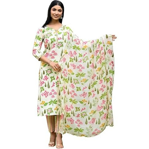 ANNI DESIGNER Women's Rayon Blend Straight Printed Kurta with Pant & Dupatta (Kumud Cream-VKS03_L_Cream_Large)