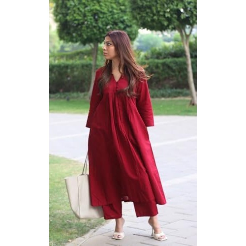 ANNI DESIGNER Women's Rayon Viscose Solid A-Line Kurta with Pant (ANVI RED_M_Red_Medium)