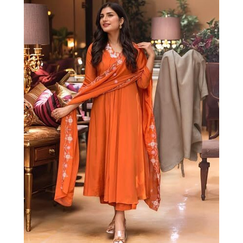 ANNI DESIGNER Women's Rayon Viscose Anarkali Thread Work Kurta with Pant & Dupatta (ASHVTHAMA ORANGE-VKS02_5XL_Orange_XXXXX-Large)