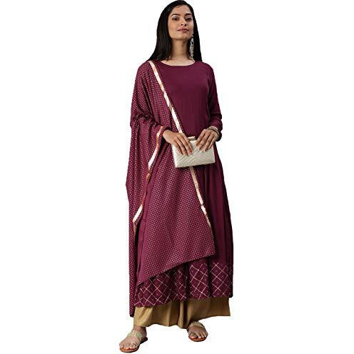 ANNI DESIGNER Women's Rayon Gold-Toned Solid Kurta with Palazzos & Dupatta (Purple,M)