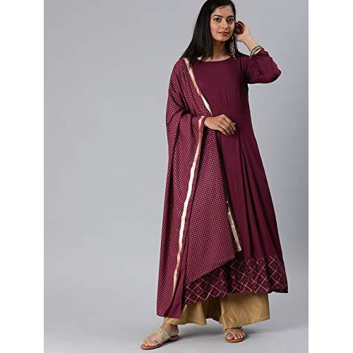 ANNI DESIGNER Women's Rayon Gold-Toned Solid Kurta with Palazzos & Dupatta (Purple,M)