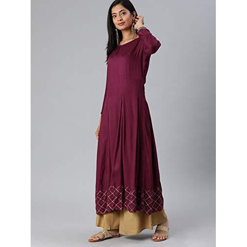 ANNI DESIGNER Women's Rayon Gold-Toned Solid Kurta with Palazzos & Dupatta (Purple,M)