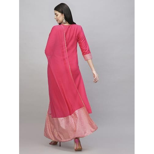 ANNI DESIGNER Women's Cotton Blend Straight Printed Kurta with Pant & Dupatta (KIKU Rani_M_Pink_Medium)