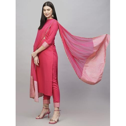 ANNI DESIGNER Women's Cotton Blend Straight Printed Kurta with Pant & Dupatta (KIKU Rani_M_Pink_Medium)