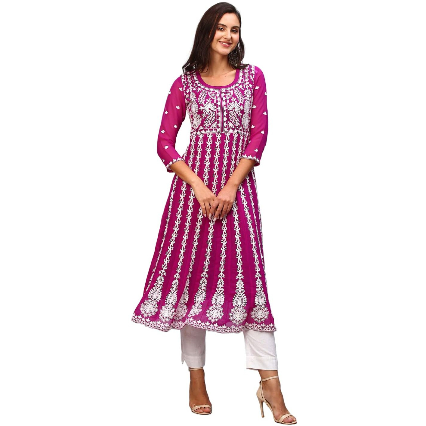 ANNI DESIGNER Women's Georgette Chikankari Embroidered Anarkali Kurti (Naav Pink_L_Dark Pink_Large)