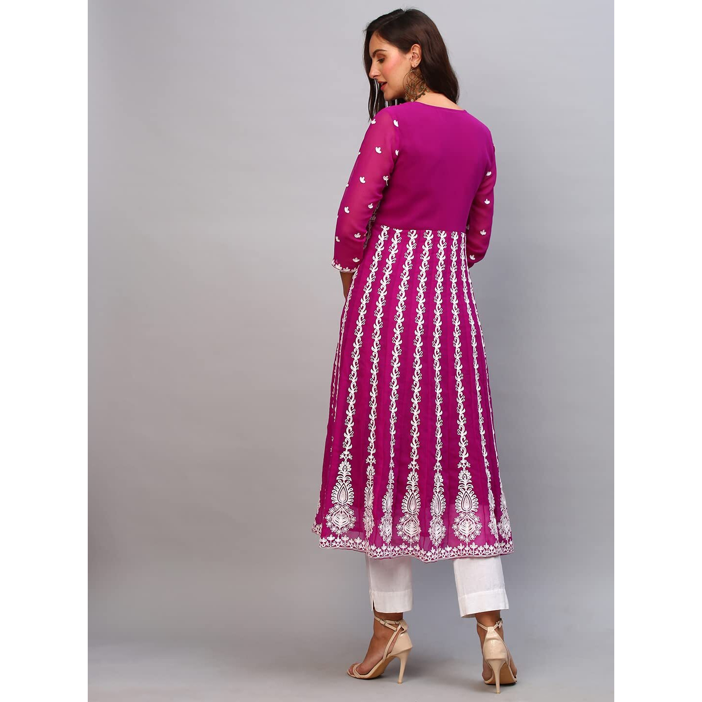 ANNI DESIGNER Women's Georgette Chikankari Embroidered Anarkali Kurti (Naav Pink_L_Dark Pink_Large)