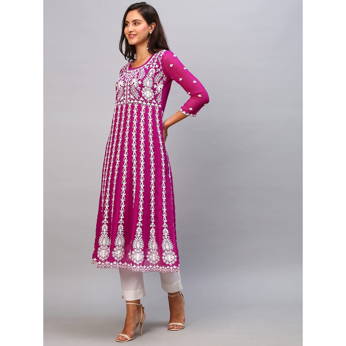 ANNI DESIGNER Women's Georgette Chikankari Embroidered Anarkali Kurti (Naav Pink_L_Dark Pink_Large)