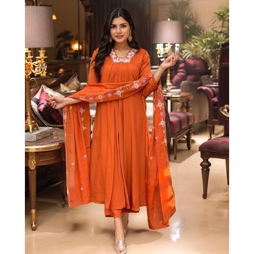 ANNI DESIGNER Women's Rayon Viscose Anarkali Thread Work Kurta with Pant & Dupatta (ASHVTHAMA ORANGE-VKS02_4XL_Orange_XXXX-Large)
