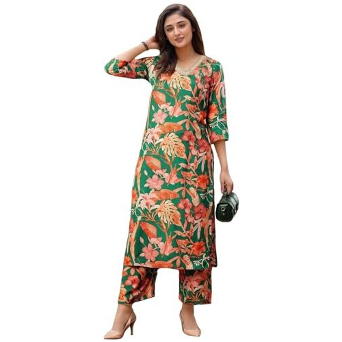 ANNI DESIGNER Women's Rayon Viscose Straight Printed Kurta with Palazzo (CHINKI GREEN-VKS02_S_Green_Small)