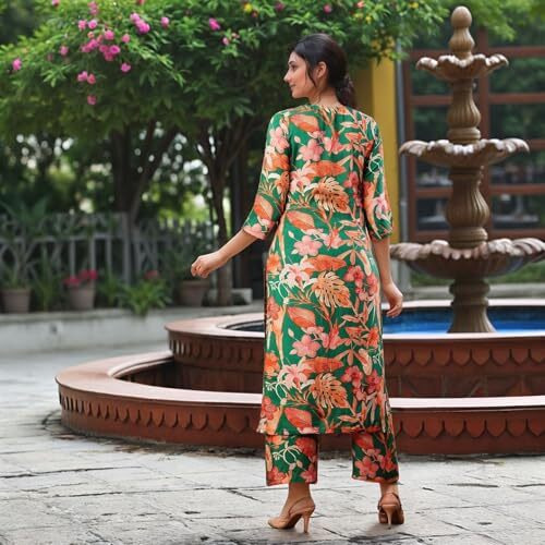 ANNI DESIGNER Women's Rayon Viscose Straight Printed Kurta with Palazzo (CHINKI GREEN-VKS02_S_Green_Small)