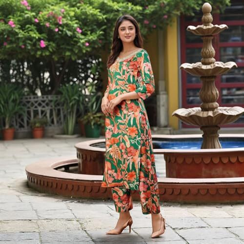 ANNI DESIGNER Women's Rayon Viscose Straight Printed Kurta with Palazzo (CHINKI GREEN-VKS02_S_Green_Small)