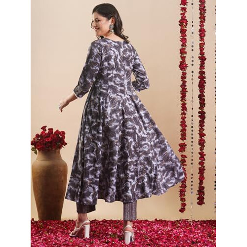 ANNI DESIGNER Women's Rayon Blend Anarkali Printed Kurta with Pant (SIPRADH Grey_L_Grey_Large)