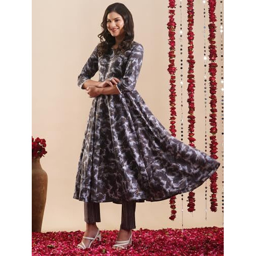 ANNI DESIGNER Women's Rayon Blend Anarkali Printed Kurta with Pant (SIPRADH Grey_L_Grey_Large)
