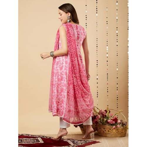 ANNI DESIGNER Women's Cotton Blend Anarkali Printed Kurta with Pant & Dupatta (Nilam Pink-NW_XXL_Pink_XX-Large)
