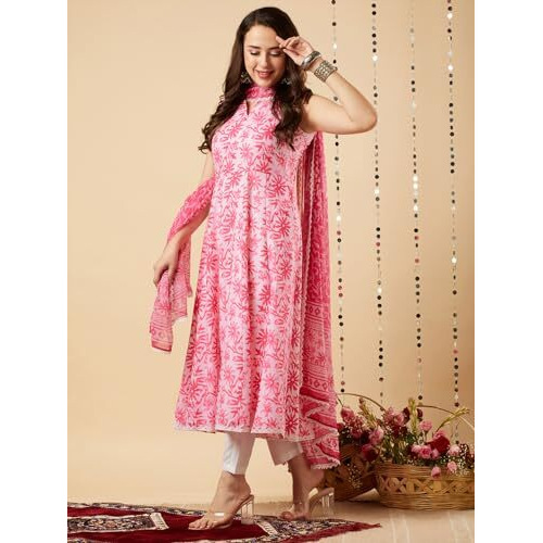 ANNI DESIGNER Women's Cotton Blend Anarkali Printed Kurta with Pant & Dupatta (Nilam Pink-NW_XXL_Pink_XX-Large)
