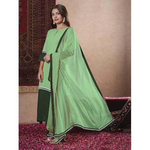 ANNI DESIGNER Women's Rayon Viscose Straight Solid Kurta with Pant & Dupatta (PANAI Mint_XL_Light Green_X-Large)