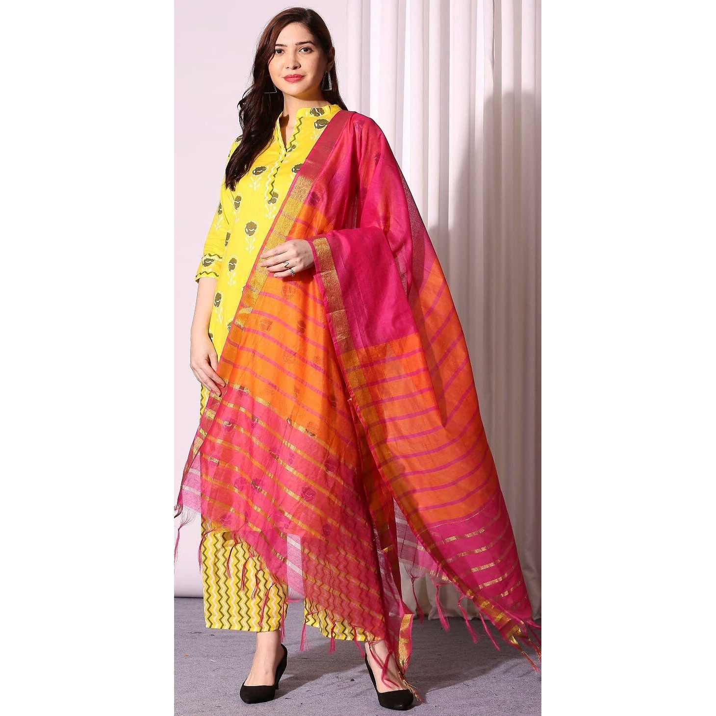 ANNI DESIGNER Women's Pure Cotton Straight Kurta with Palazzo & Dupatta (KPZD-COT-10002-YELLOW_M_Yellow_Medium)