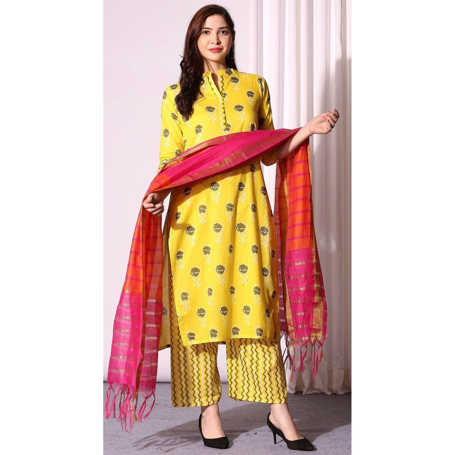 ANNI DESIGNER Women's Pure Cotton Straight Kurta with Palazzo & Dupatta (KPZD-COT-10002-YELLOW_M_Yellow_Medium)