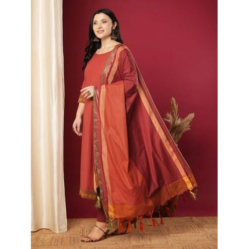 ANNI DESIGNER Women's Rayon Viscose Solid Straight Kurta with Pant & Dupatta (SHAMSHERA ORANGE-VKS01_M_Orange_Medium)