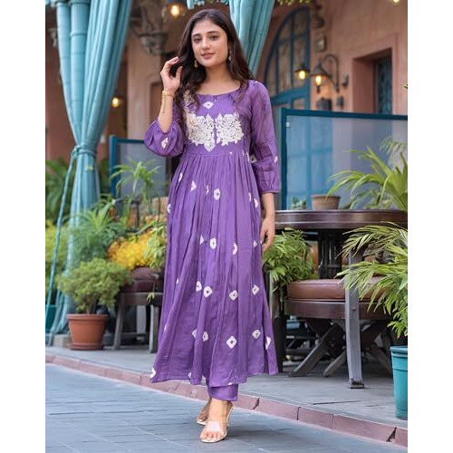 ANNI DESIGNER Women's Rayon Viscose Printed Anarkali Kurta with Pant (ANVESHI PURPLE-VKS02_L_Purple_Large)