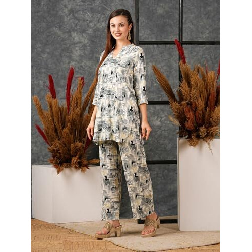 ANNI DESIGNER Women's Cotton Blend Printed Ethnic Co-ord Set (Tamar Grey-NW_XL_Grey_X-Large)