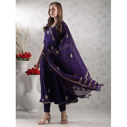 ANNI DESIGNER Women's Rayon Blend Anarkali Printed Kurta with Pant & Dupatta (Berlin BEGANI-VKS04_4XL_Begani_XXXX-Large)