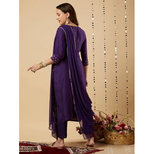 ANNI DESIGNER Women's Cotton Blend Floral Straight Kurta with Pant & Dupatta (Zaklina Purple-NW Medium)