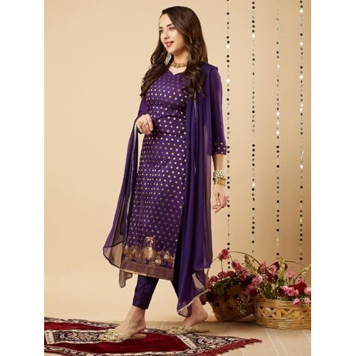 ANNI DESIGNER Women's Cotton Blend Floral Straight Kurta with Pant & Dupatta (Zaklina Purple-NW Medium)