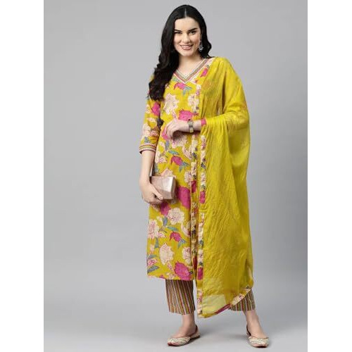 ANNI DESIGNER Women's Rayon Blend Printed Straight Kurta with Pant & Dupatta (Ganita Mustrad-VKS04_M_Mustard_Medium)