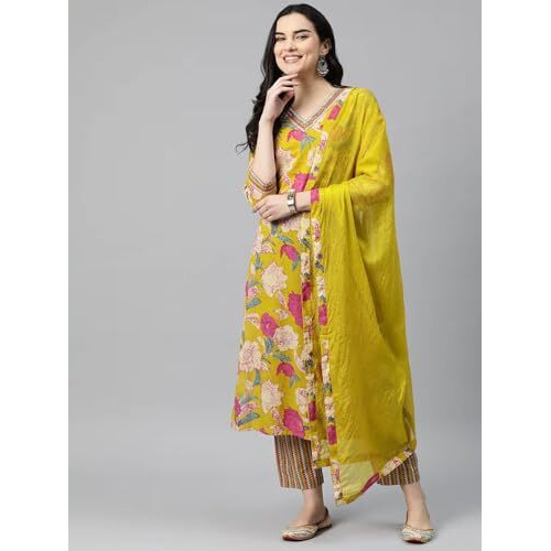 ANNI DESIGNER Women's Rayon Blend Printed Straight Kurta with Pant & Dupatta (Ganita Mustrad-VKS04_M_Mustard_Medium)