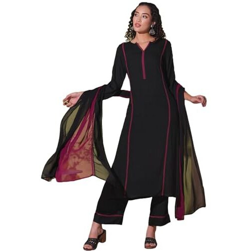 ANNI DESIGNER Women's Rayon Viscose Straight Solid Kurta with Pant & Dupatta (NANAD BLACK-VKS01_L_Black_Large)